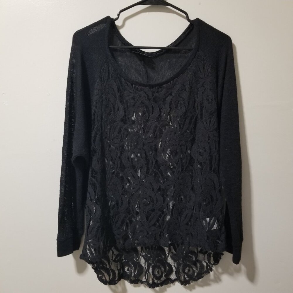 Metaphor Women’s Large Blouse Black Lace Sheer Long Sleeve Sweater Top